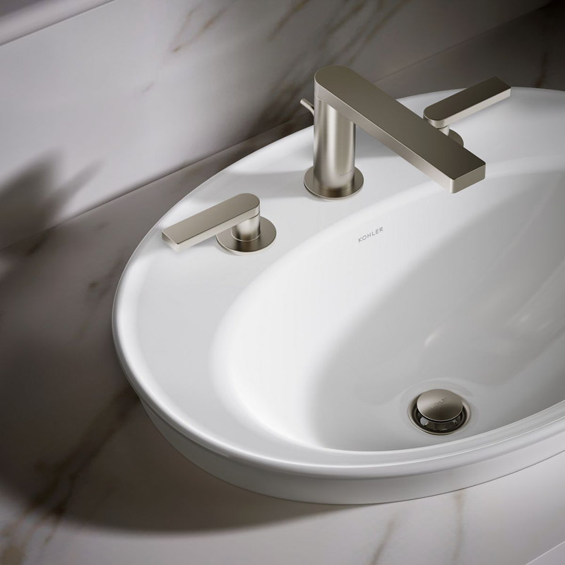 Serif Ceramic Oval Drop-In Bathroom Sink with Overflow, White, 8'' Widespread
