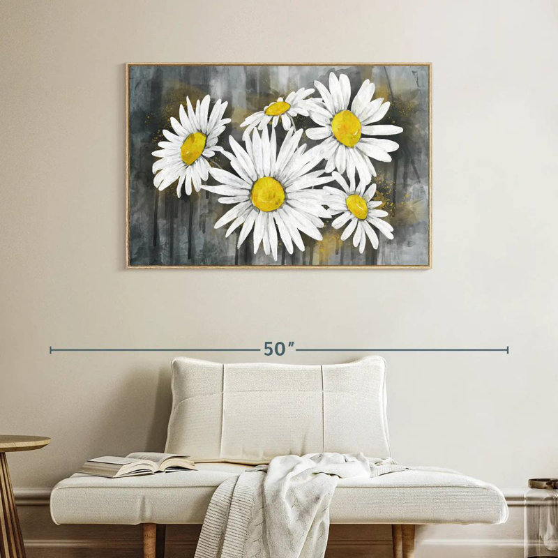 Bouquet de marguerites, Cadre flottant en bois naturel, 40 po x 27 po