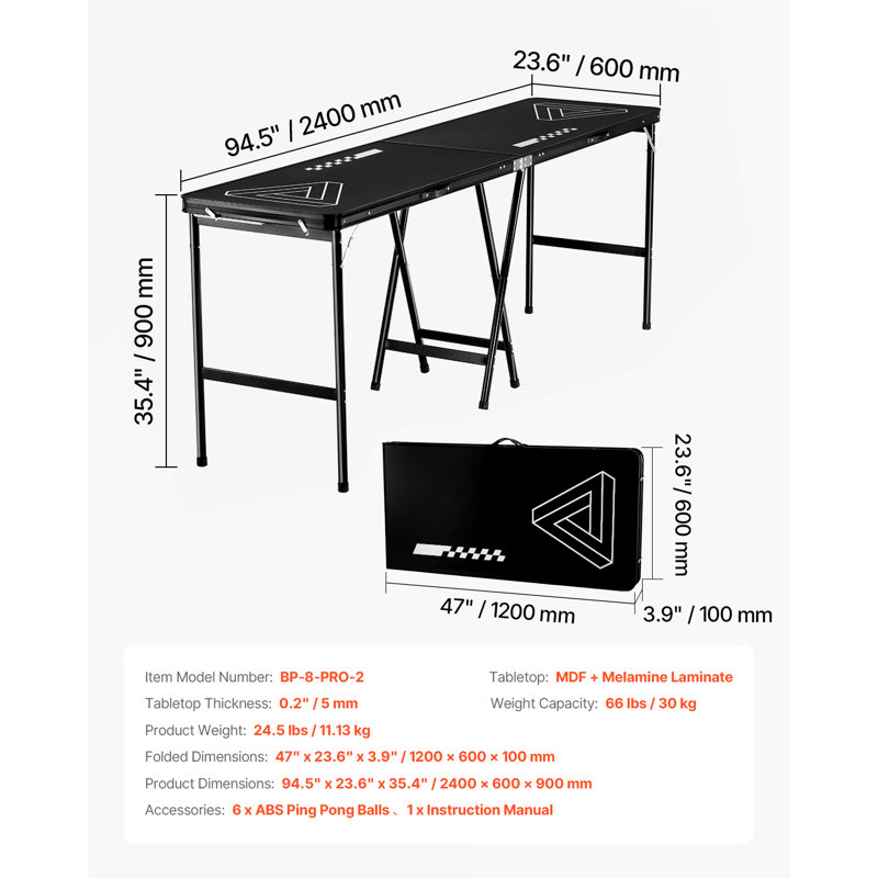 8 Foot Portable Beer Pong Table, Foldable 36 inch Heightened Table, Carrying Handles and 6 Pong Balls, Lightweight Tailgate Table for Office, Tailgate Party, Travel & Camping, Black