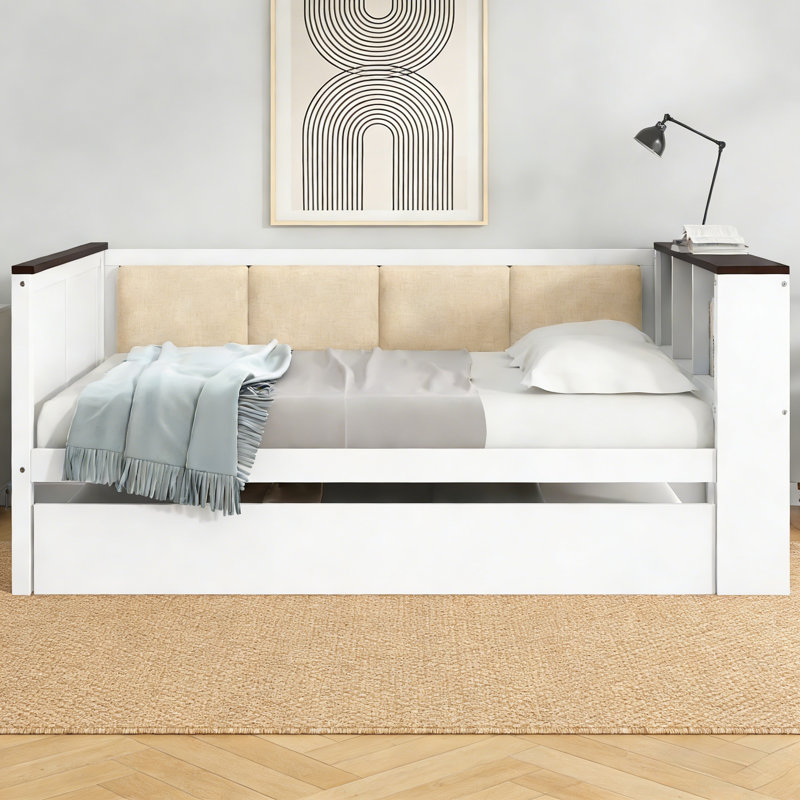 Lit de jour pleine grandeur en bois avec tablettes de rangement, dossier rembourré, USB et lit gigogne, blanc, Lit double