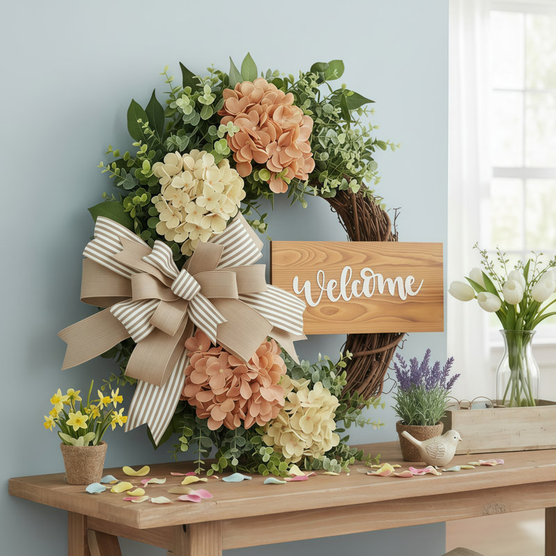 Couronne d'hortensia printanière de 17,7 pouces avec signe «Welcome» et décoration de nœud, convient à la porte d'entrée, au mur, au foyer, à la table de salle à manger, aux fêtes de mariage et à une utilisation intérieure / extérieure