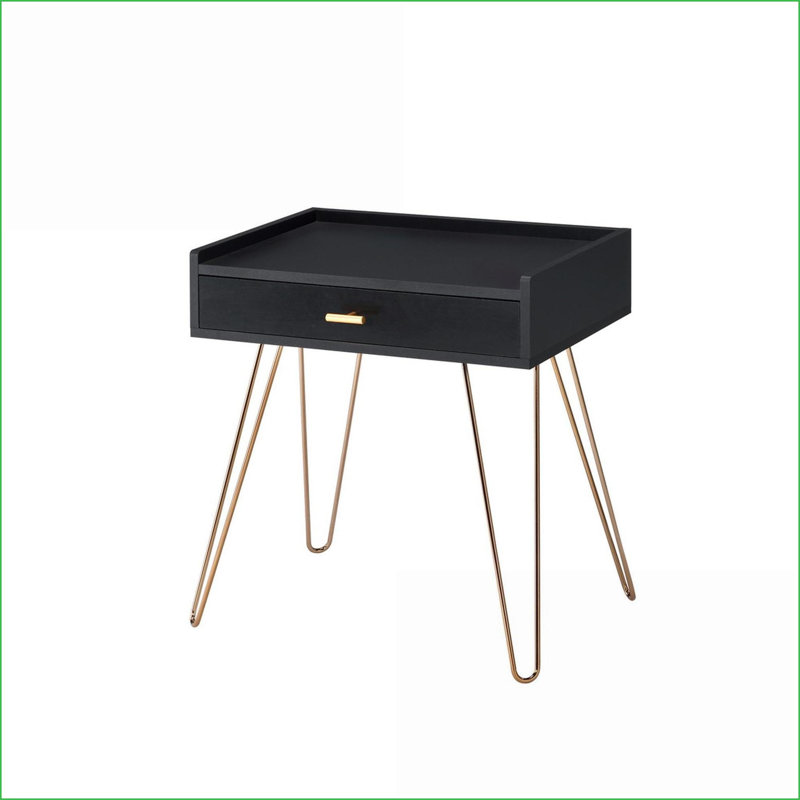 Table basse Mid-Century en bois aggloméré noir avec pieds en épingle à cheveux en cuivre Tiroir de rangement, facile à nettoyer