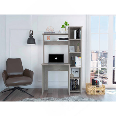 Light Grey 6-Shelf Writing Desk With Built-In Bookcase