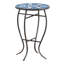 Table d'appoint d'extérieur ronde avec plateau de style mosaïque et pieds incurvés en fer, table de bout - bleu, blanc et noir mat