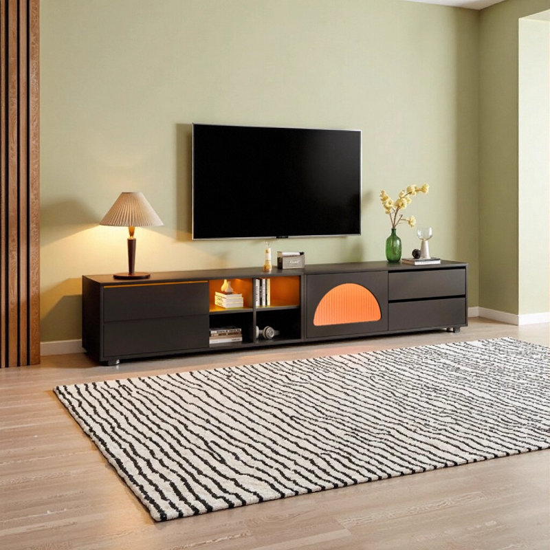 Meuble télé 94,4 po avec porte en verre cannelé et lumières DEL Modern, Noir