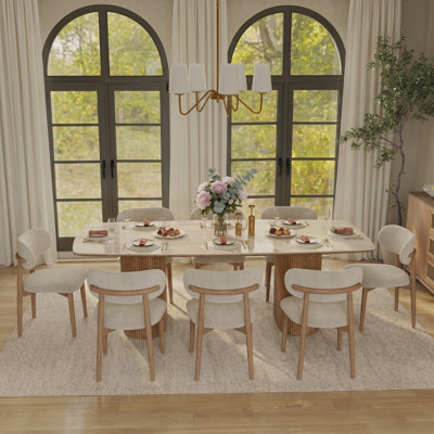 71" Modern Rectangular Sintered Stone Dining Table with Travertine Look and Fluted Pedestal Bases