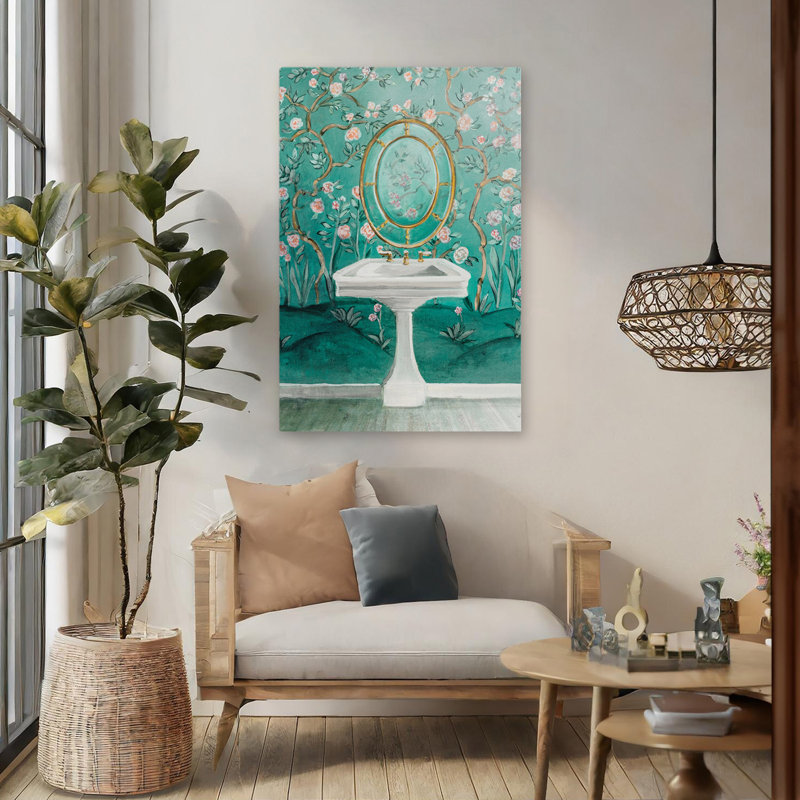 «Chinoiserie Bath I» contemporain bleu floral or bain chinoiserie, H 48 po x l 32 po