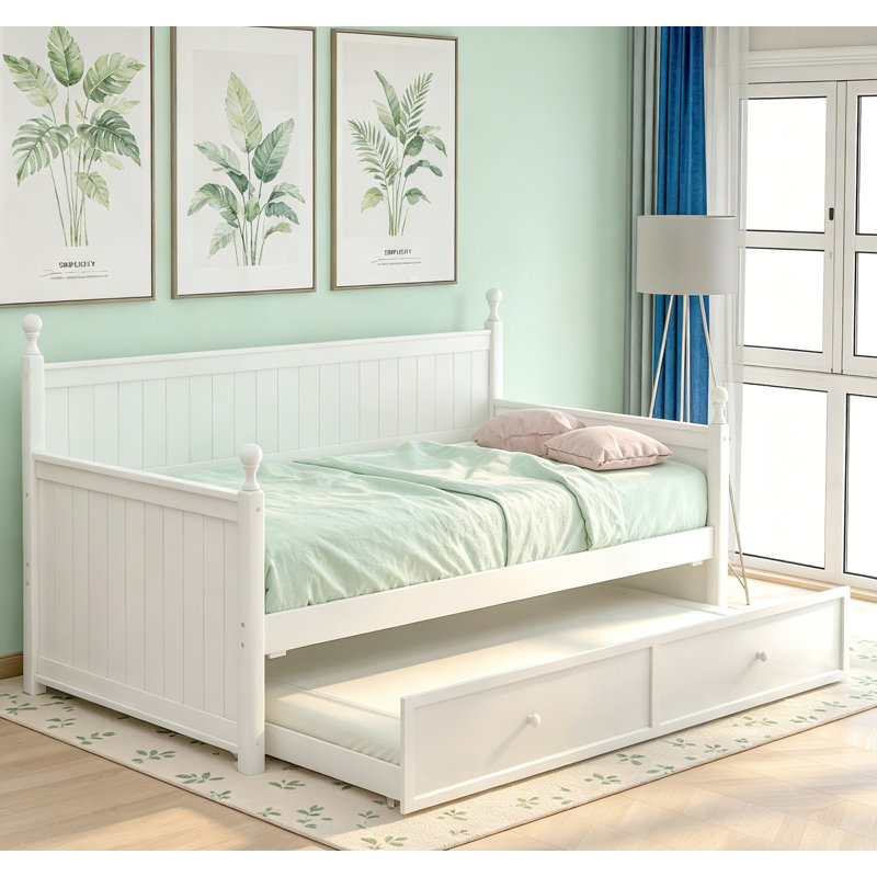 Lit de jour simple en bois avec lit gigogne simple, structure en pin robuste, conception peu encombrante pour une utilisation moderne et polyvalente