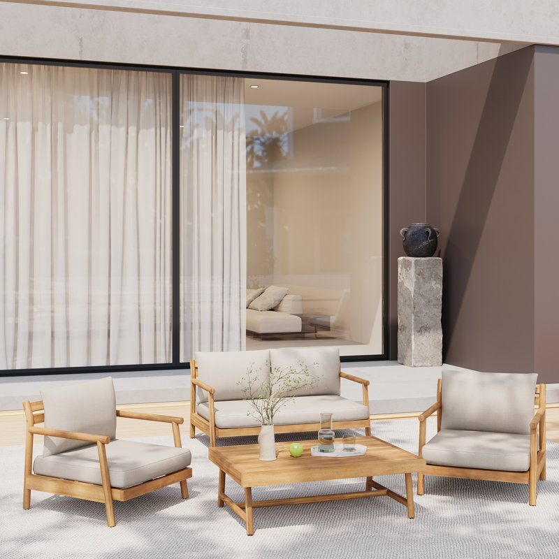 Ensemble de conversation d'extérieur en bois d'acacia avec coussins 4 pièces Flora