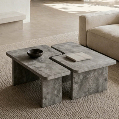 Modular Concrete Coffee Table Set of 2, Nesting L-Shaped Puzzle Center Table, Faux Stone Look Square or Rectangular Cocktail Table with Slab Legs for Modern Industrial Living Room