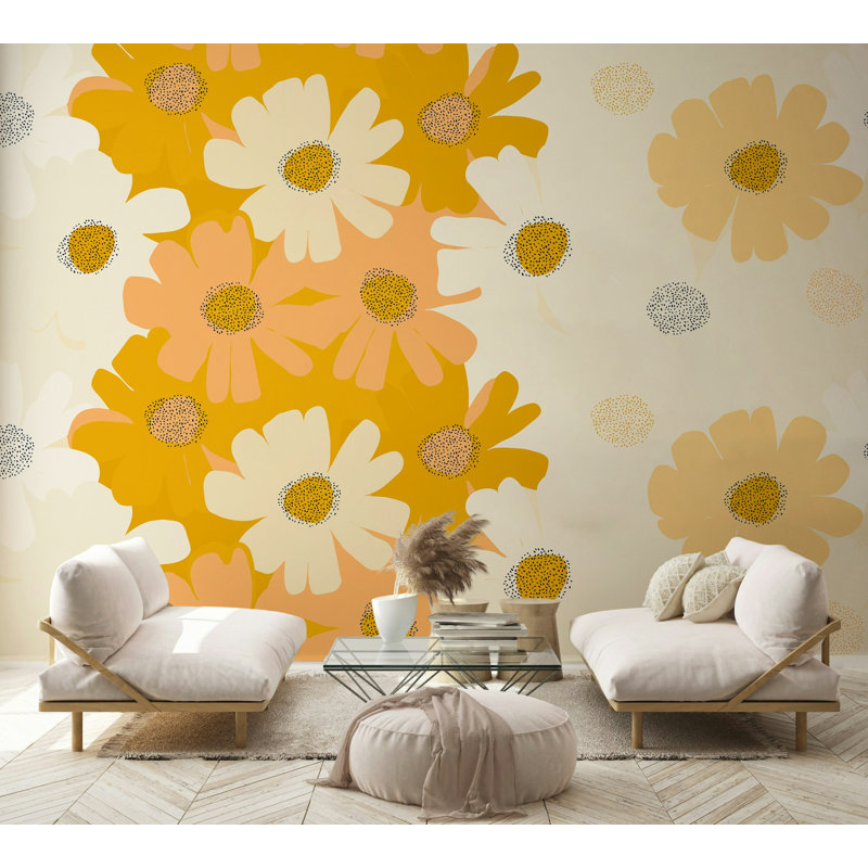 Papier peint floral rétro avec marguerite pêche et moutarde, L 75 po x l 112 po