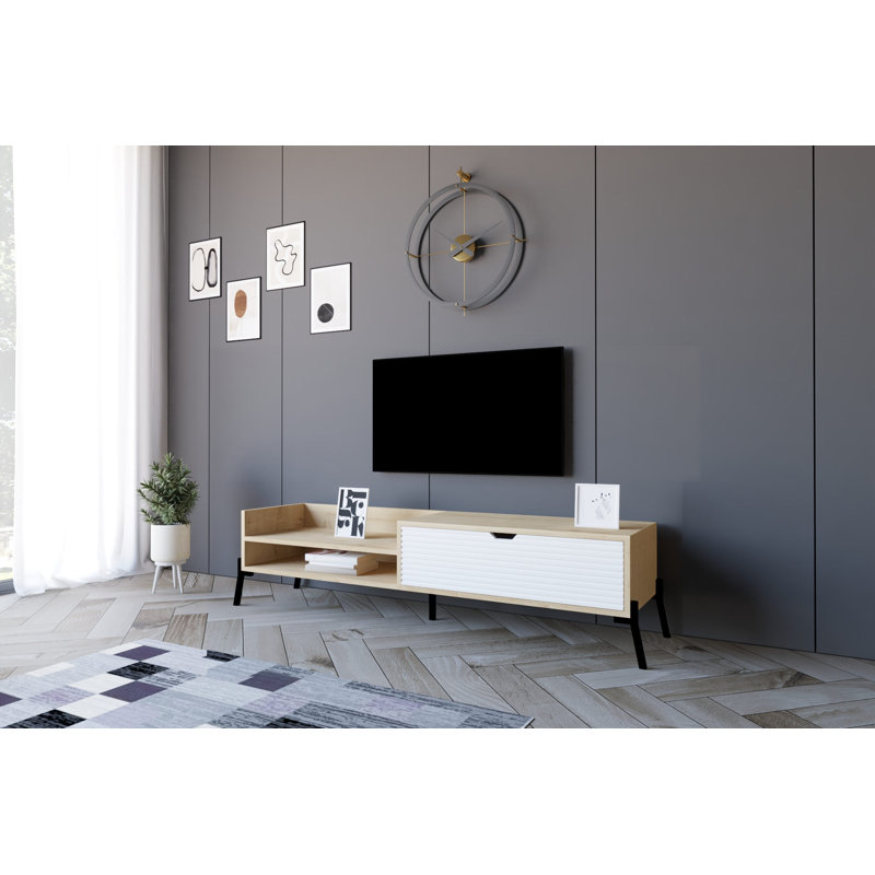Meuble télé scandinave, chêne saphir et blanc, 63,0 po x 14,2 po x 15,7 po | Panneau de particules 100% enduit de mélamine, pieds en fer, portes de revêtement en panneau de fibres à densité moyenne, nombreuses tablettes et rangement supplémentaire | Design moderne et élégant
