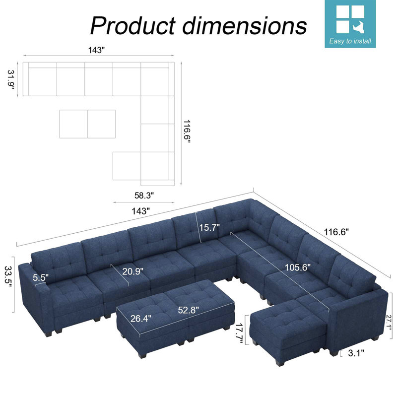 Soneson Upholstered Sectional Reversible, Blue LInen