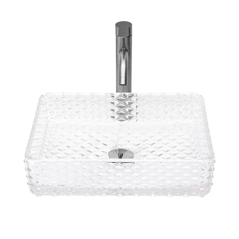 Vasque rectangulaire en verre trempé blanc, texture diamant, bonde clic-clac, bords arrondis, idéal pour les espaces de détente.