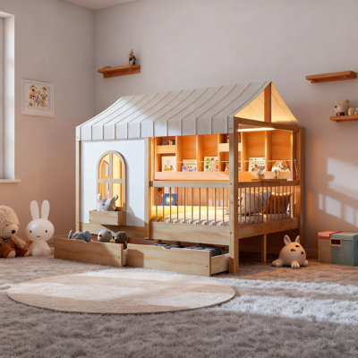 2 Drawers Full Size House Style Bed With Lighted Storage Shelves, Roof And Guardrails