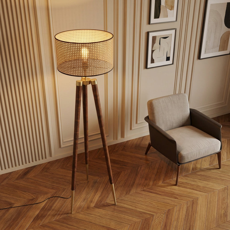 Novara Beige / Walnut Drum Shade Floor Lamp