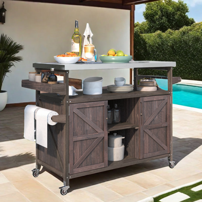 Îlot de cuisine d'extérieur avec plateau en acier inoxydable Leokadia, Brun
