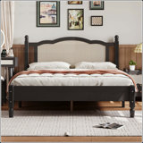 Full Size Wooden Platform Bed with Natural Rattan Headboard and Wooden Slat Support