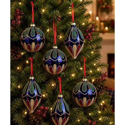 Ornements de Noël en verre à bijoux bleus avec accents de paillettes, ensemble de 12, 2 formes assorties