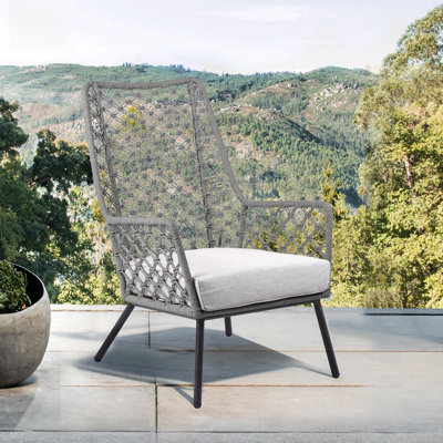 Méridienne en acier avec corde et coussin gris, 33 po de largeur, tissage distinctif, étapes d'assemblage simples pour l'intérieur et l'extérieur, 34 hauteurs, fabrication, choix de couleurs multiples