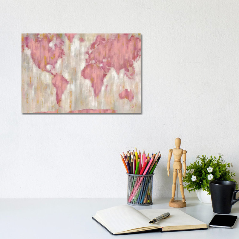 «Blush World Map», impression sur toile, H 12 po x l 18 po x P 1,5 po, Toile tendue, Pas de tapis