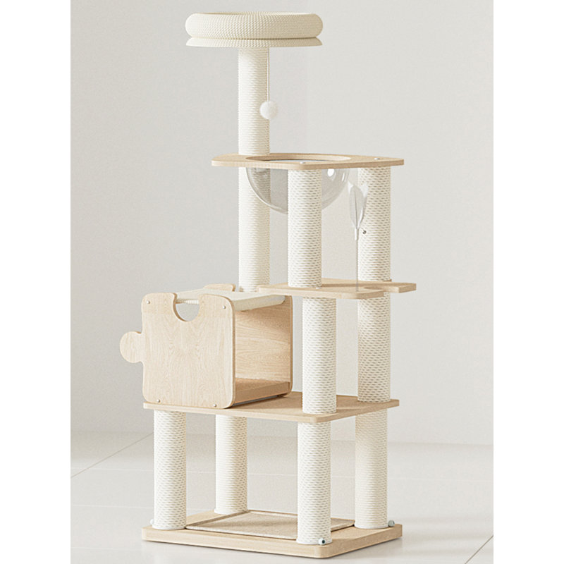 Arbre à chat minimaliste en bois massif avec nid de chat en sisal et velours côtelé pour un usage domestique