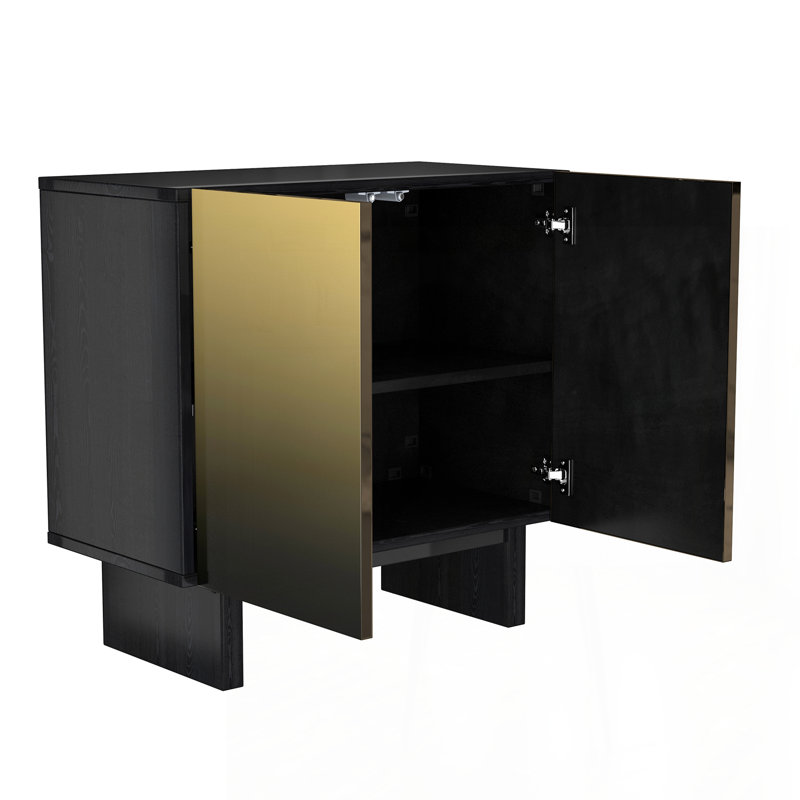 Modern Matte Black 2-Door Accent Cabinet with Gold Wire Mesh & Push-to-Open
