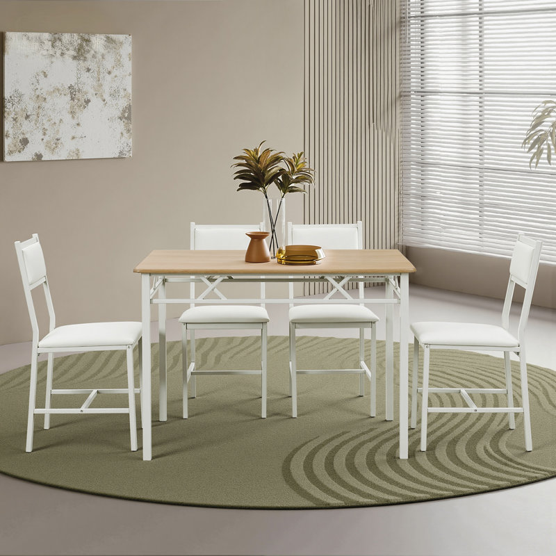 Dining Table Set For 4, Rectangular Natural Color Wood Dining Table Farmhouse Dinette Set With Metal Legs, 4 Leather Cushions Chairs Set For Kitchen, Dining Room