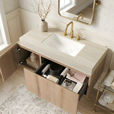Meuble-lavabo et lavabo 36 po, armoire de rangement flottante en contreplaqué avec tiroir et porte, plateau en pierre frittée Roma Travertine et lavabo en céramique avec 3 trous de robinet pré-percés, pré-assemblé, grain de bois de chêne blanc