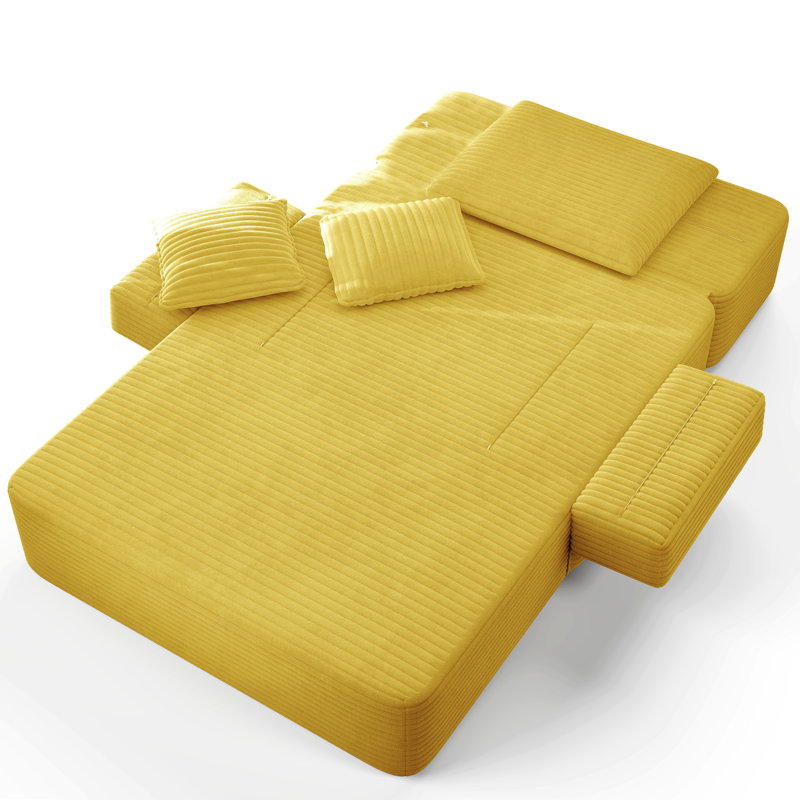 Canapé-lit convertible luxueux en velours côtelé avec pochette de rangement et accoudoirs larges, Yellow