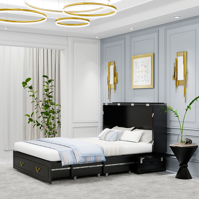 Grand lit escamotable noir avec matelas pliable