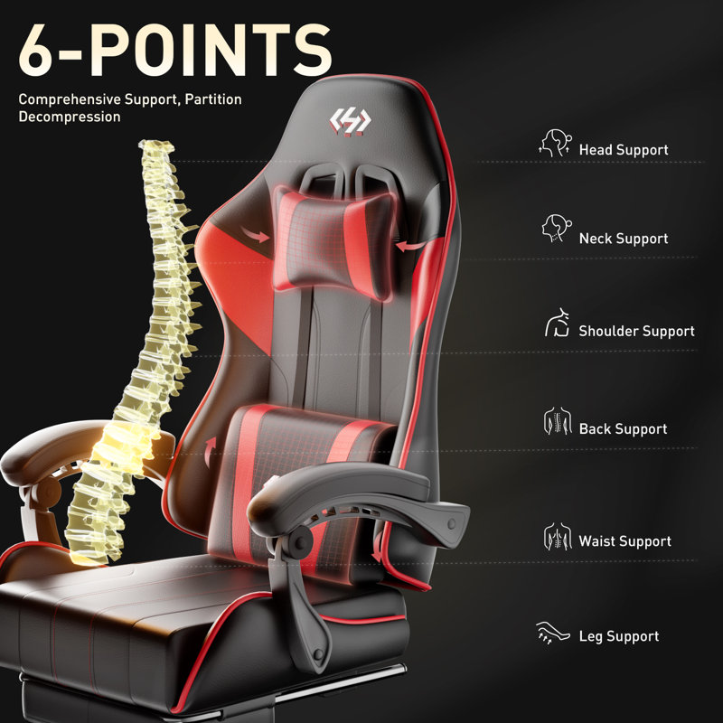 Metro Lane Adjustable Reclining Ergonomic Faux Leather Swiveling PC & Racing Game Chair with Footrest, Black/Red