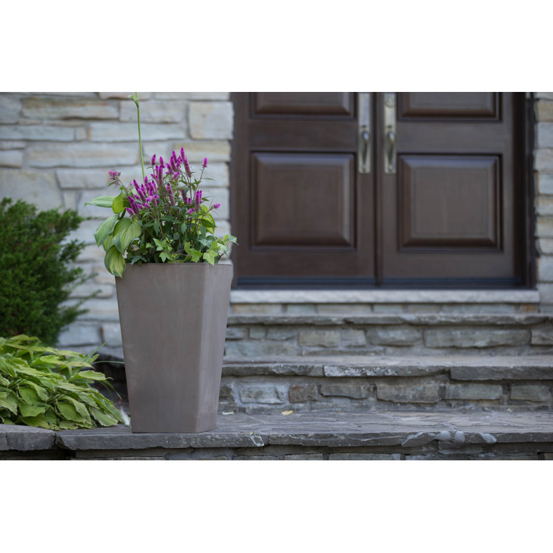 Cara Square Composite Pot Planter with Plant Shelf, 19.5" H x 10.5" W x 10.5" D, Light Charcoal