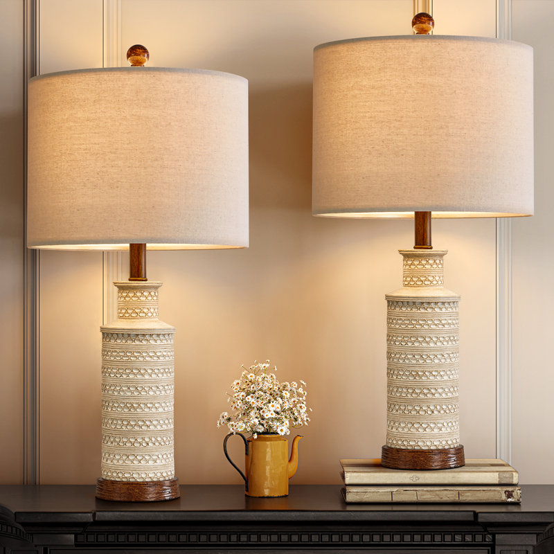 Distressed White Resin Farmhouse Table Lamp Set with Cream Shade