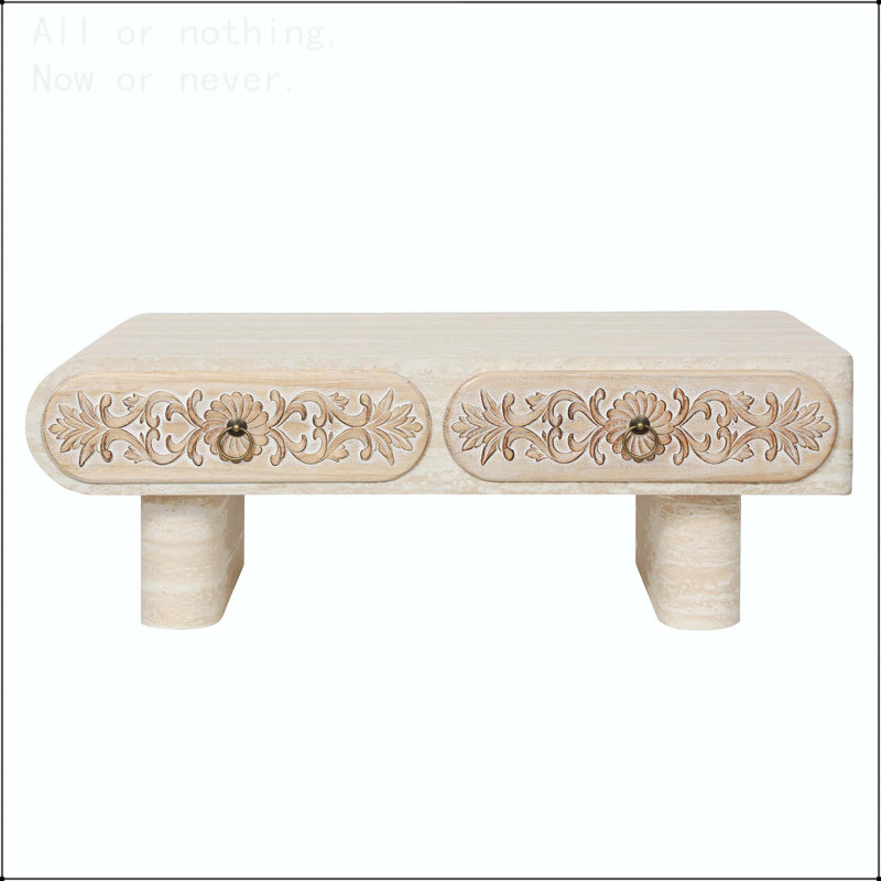 Rounded Edge Coffee Table with Flower Pattern Solid Wood Drawer