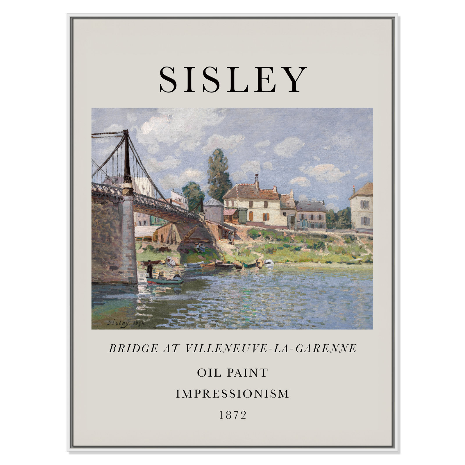 Old Masters Collection " The Bridge At Villeneuve " by Alfred Sisley, No, 49.5" H x 37.5" W x 2" D, White Floater Frame