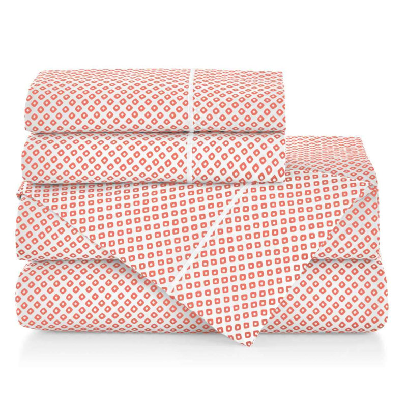 Emma 300 Thread Count Geometric 100% Cotton Sateen Sheet Set, Linen, Queen Sheet Set + 2 Pillowcases
