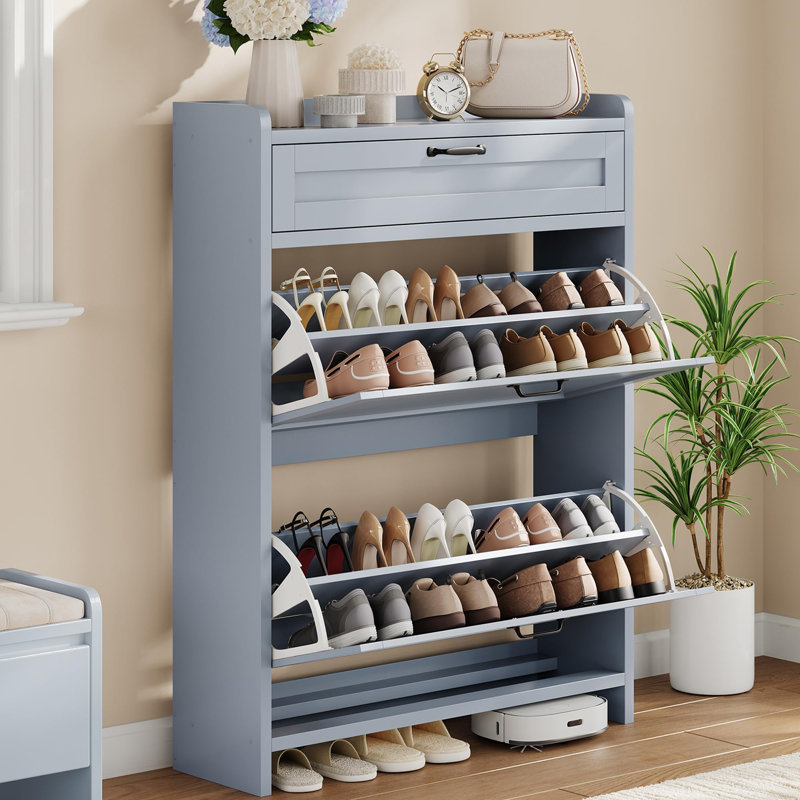 Shoe Cabinet with 2 Flip Drawers & Top Drawer, High-Gloss Hidden Entryway Shoe Storage Organizer, Blue, 3