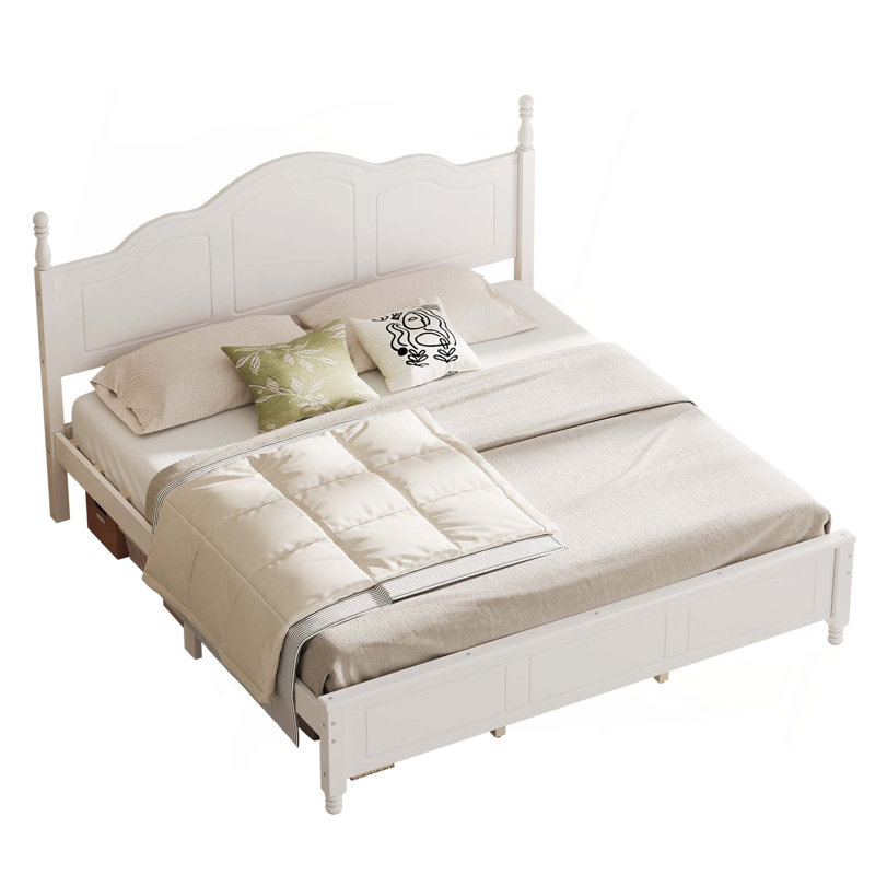 Structure de lit avec tête de lit, lit plateforme en bois de style rétro avec support à lattes de bois, Blanc