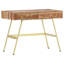 Bureau d'écriture avec 2 tiroirs, bois de sheesham brun 39 po, métal doré