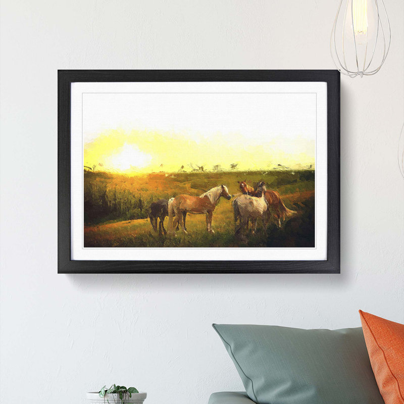 Sunset over the Horses - Picture Frame Painting Print, 48cm H x 65cm W x 2cm D, Black Framed