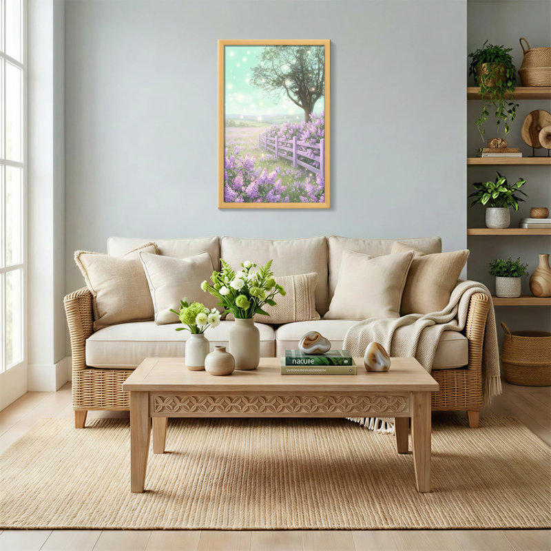 Plantes et fleurs, ciel pastel, lilas, clôture, champ, étincelles, H 12 po x l 18 po