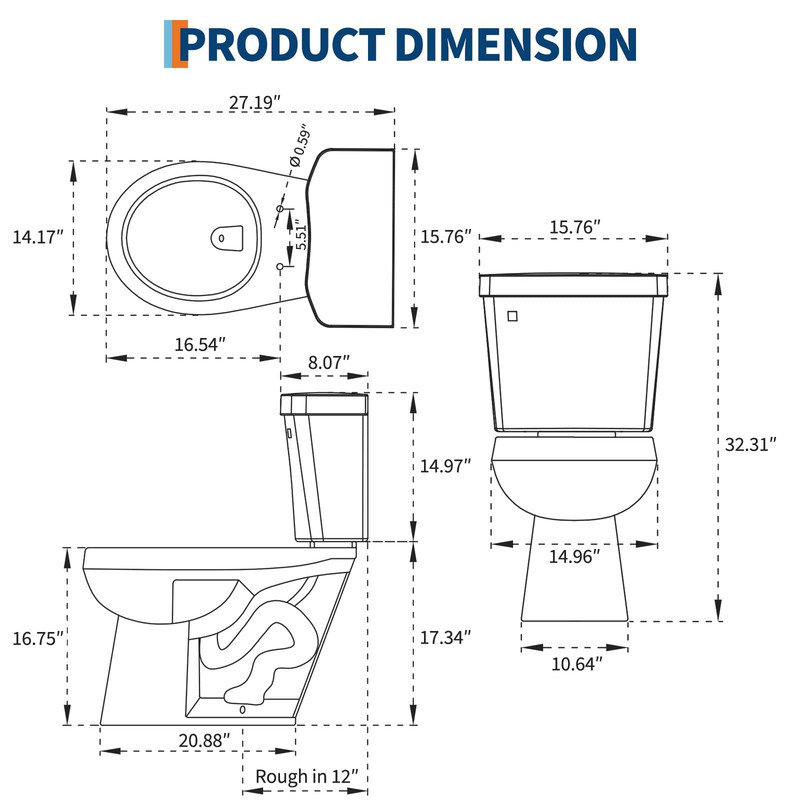 Toilette deux pièces 17 po à devant rond 17 po, 12 po, 1,28 GPF, blanc