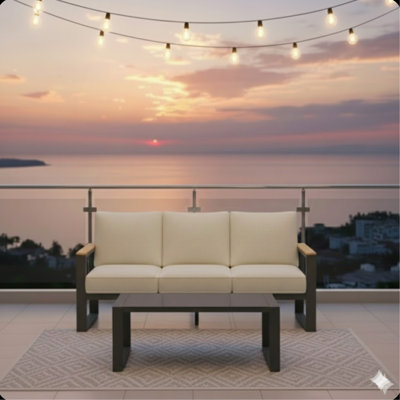 2-Piece 3-Seat Outdoor Sofa Couch Set, 75" All-Weather 3-Seat Aluminum Patio Sofa With Thick Cushions  & 44" Glass Coffee Table