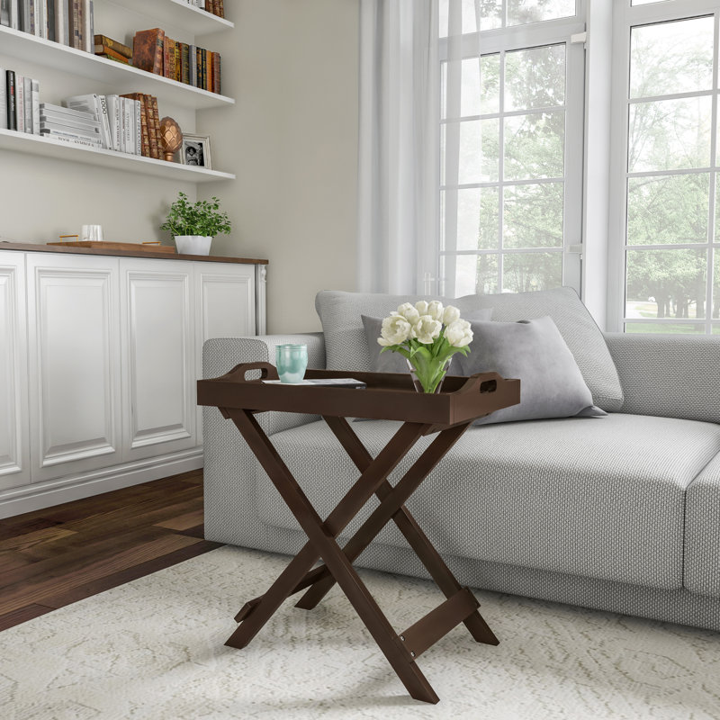 Kincheloe Folding End Table - Wooden Stand with Removable TV Tray for Serving - Night Stand, Brown, Brown