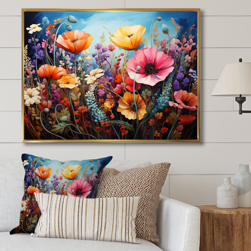 «Wildflowers Natures Bouquet Pointillism Dot I», reproduction sur toile, H 24 po x l 32 po x P 1 po, Cadre flottant doré