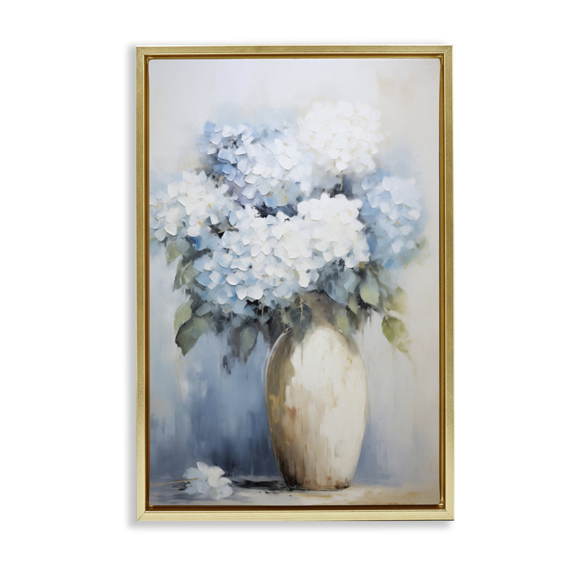 Toile flottante encadrée avec des hortensias blancs et bleus par Gina Kelly, Cadre flottant métallique doré