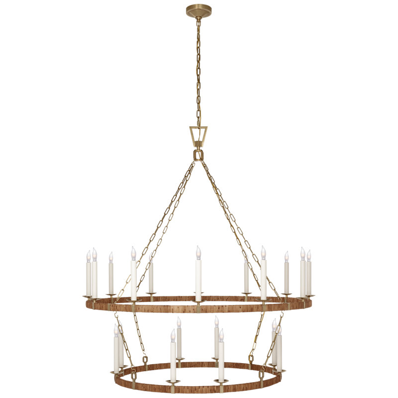 Darlana 20 - Light Wagon Wheel Chandelier, 59.75" H x 52.25" W x 52.25" D, Antique-Burnished Brass/Natural Rattan