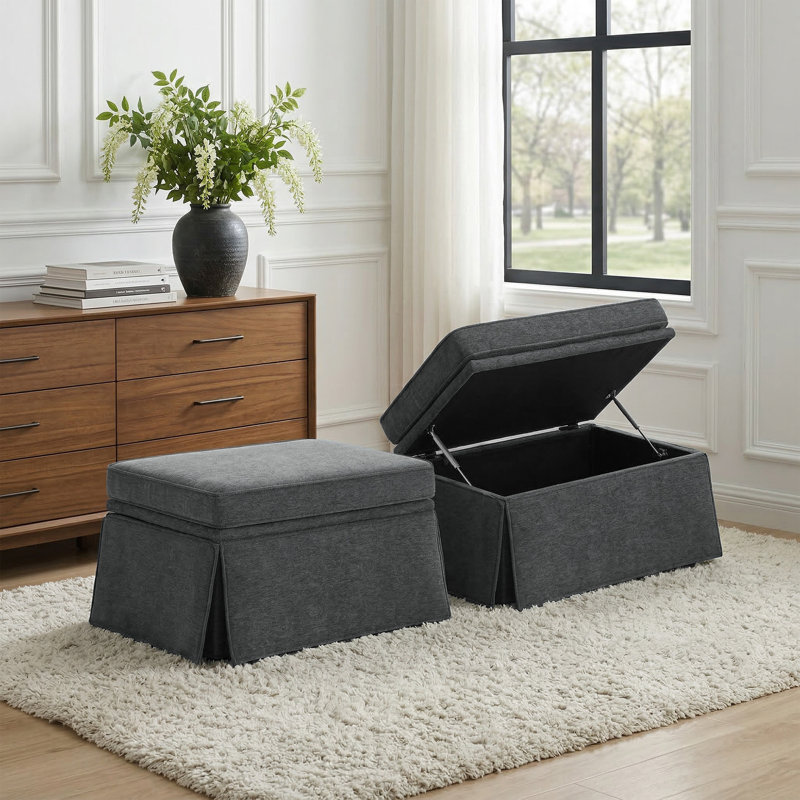 Upholstered Gray Skirted Rectangular Storage Ottoman with Lift-Top (Set of 2), Gray Chenille