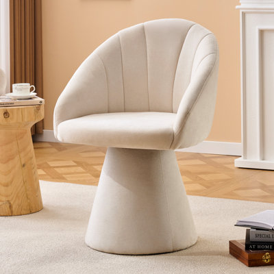Fauteuil pivotant en chenille à 360° avec base cylindrique haute et incurvée confortable, beige, idéal pour la salle à manger et les cafés. Fauteuil pivotant beige au design ergonomique, coussin moelleux, base adaptée à une utilisation à l’intérieur.
